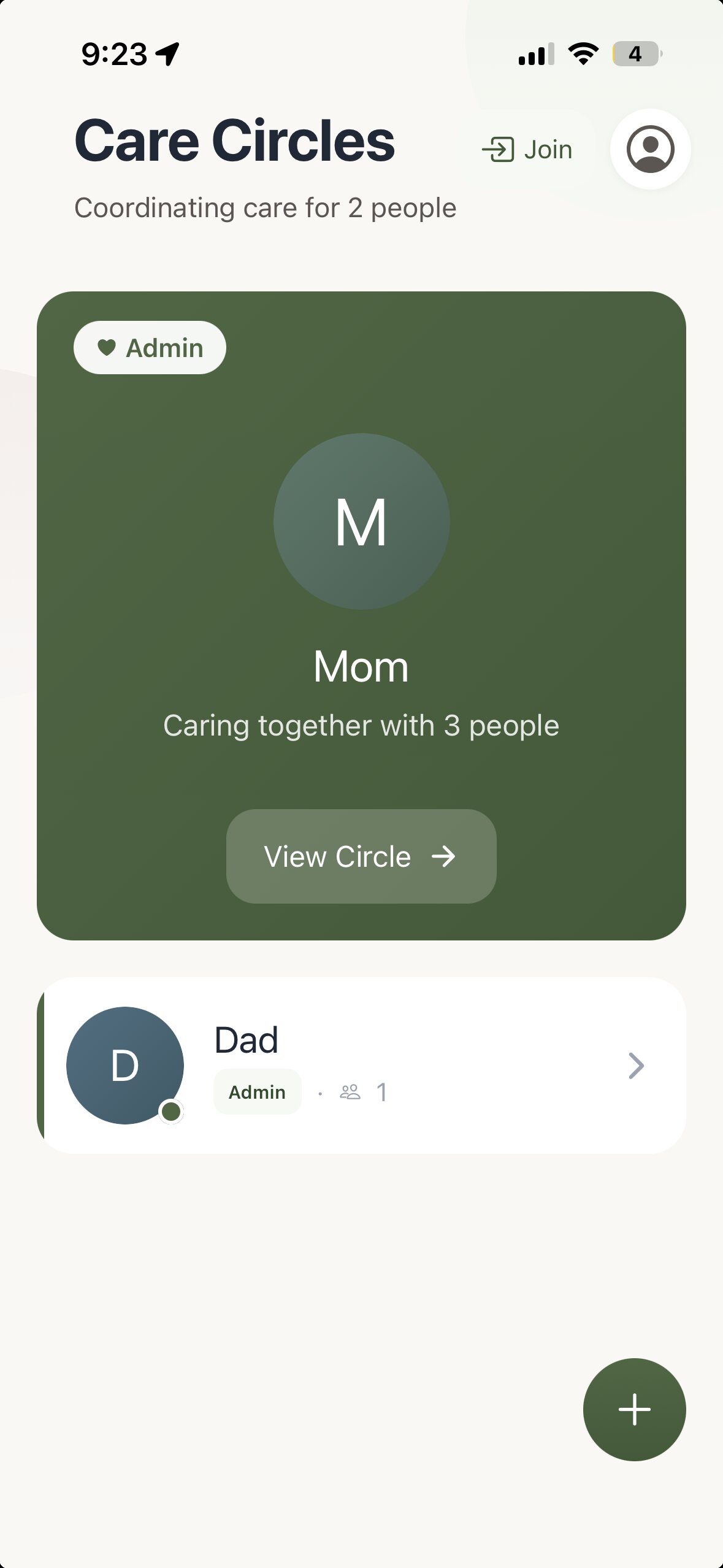 Circle Care home screen showing care circle activity
